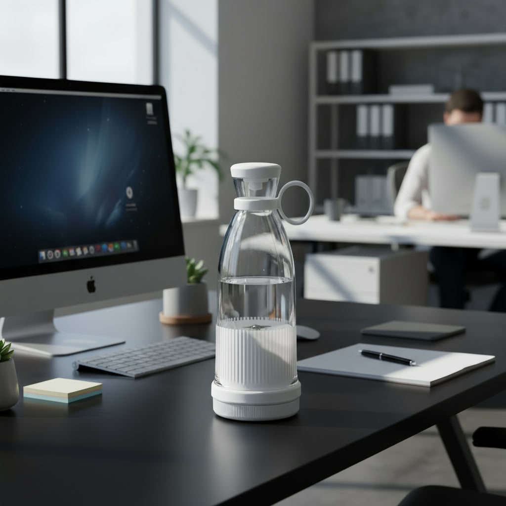 Clear glass carafe with white lid and base on a white background