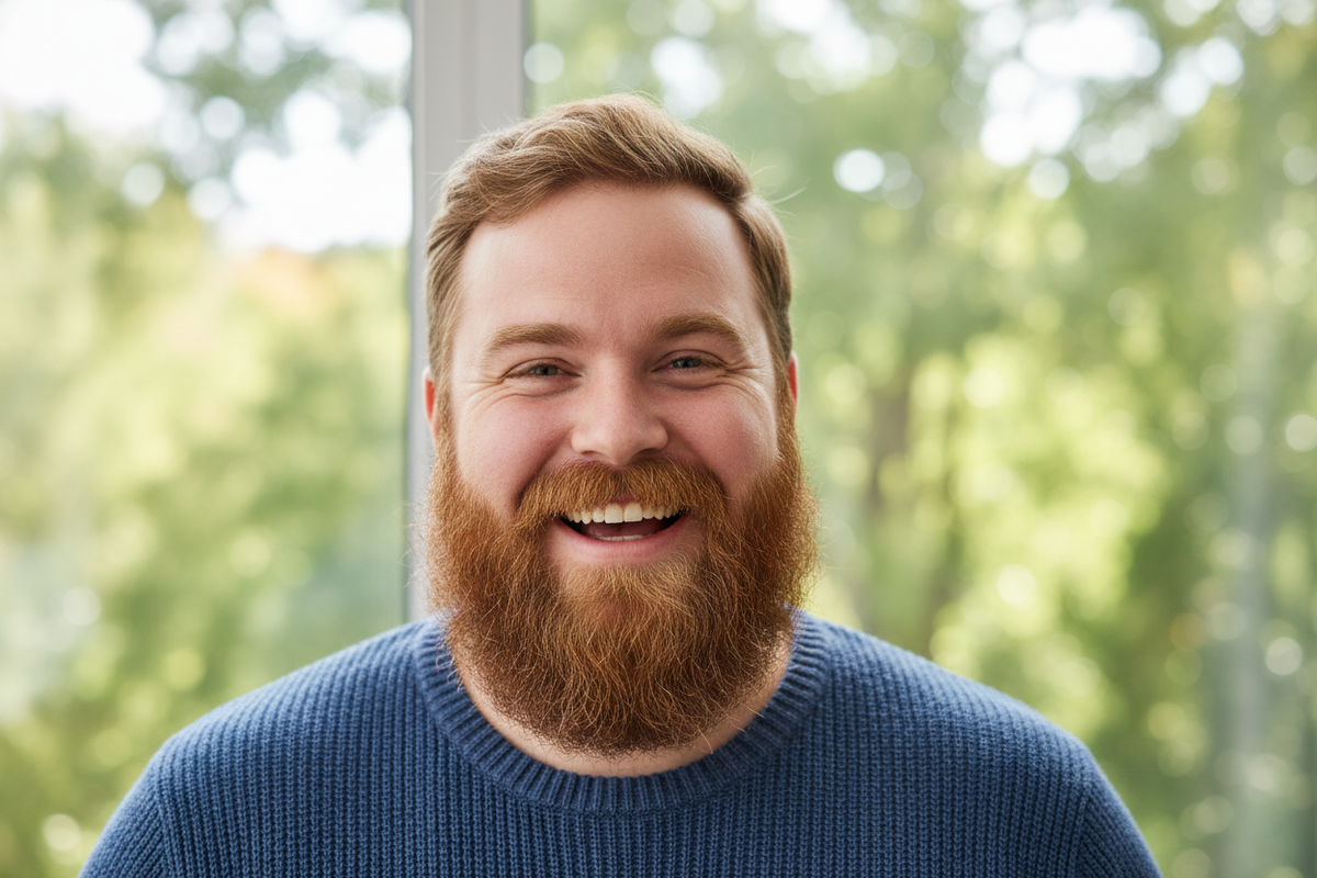 a chubby man with a beard smilling